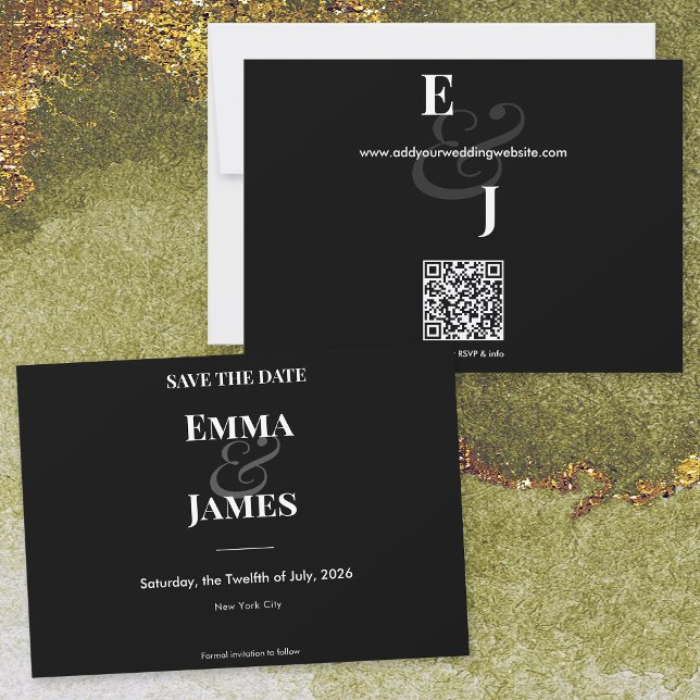 Omvänt svart et-tecken bröllop | Spara datum Datumet (A bold reverse black horizontal Save the Date featuring crisp white typography with an ampersand.)