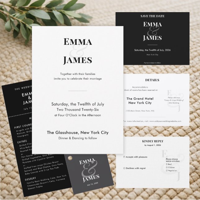 Omvänt svart et-tecken bröllop | Spara datum Datumet (Horizontal reverse black save the date with crisp minimalist type for a bold, modern look.)