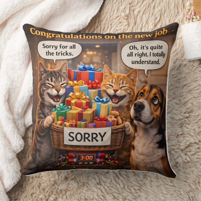 On a new job, funny pet throw pillow kudde (Filt)