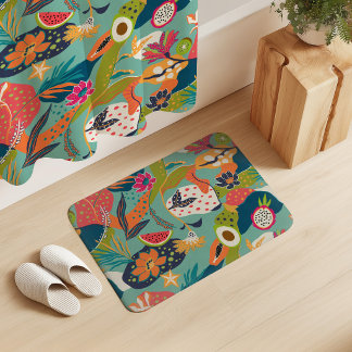 Ön blommar och frukter på mintblå badrumsmatta