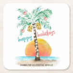 Ön Helgdag Tropical Beach Handflatan jul Underlägg Papper Kvadrat<br><div class="desc">Det tropiska strandtemat pappra underlägg vid jul har en vattenfärgsö i sol med en handflatan träd som är dekorerad med ljus och prydnadsföremål,  och en glad helg-hälsning. Den nedre textraden kan vara personlig (visas här med "tack för att du firar med oss"). Art av KL Lagrar</div>