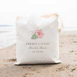 Ön Hibiscus Destination Wedding Favor Tygkasse<br><div class="desc">Ön chic bröllop tote bags gör underbara välkomstpåsar eller favoriter för ditt destinationsbröllop eller Hawaii bröllop! Den tropiska designen har en enda hibiscus-blomma i pulserande korall med mjuk grönt löv,  med namn,  bröllop datum och bröllop under i mörkens taupblock och skriptbokstäver.</div>