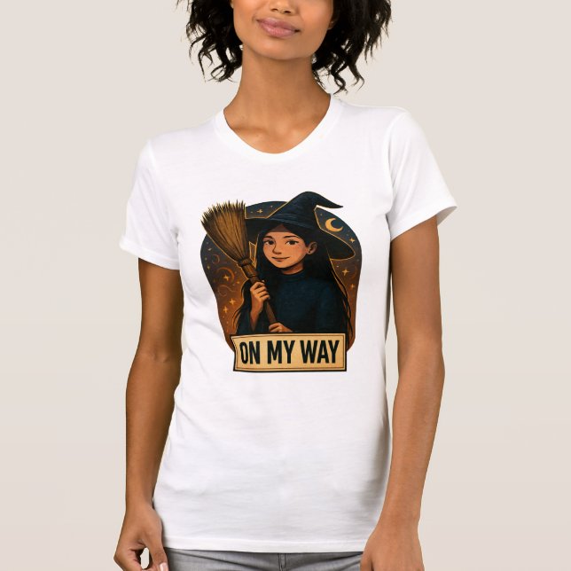 On My Way | Cute Witch Wall Art T Shirt (Framsida)