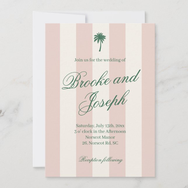 Ön Palm Stripe Cabana Beach Retro rosa bröllop Inbjudningar (Framsida)