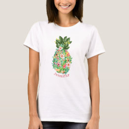 Ön Pineapple Tropisk Blommig Personlig Namn T Shirt