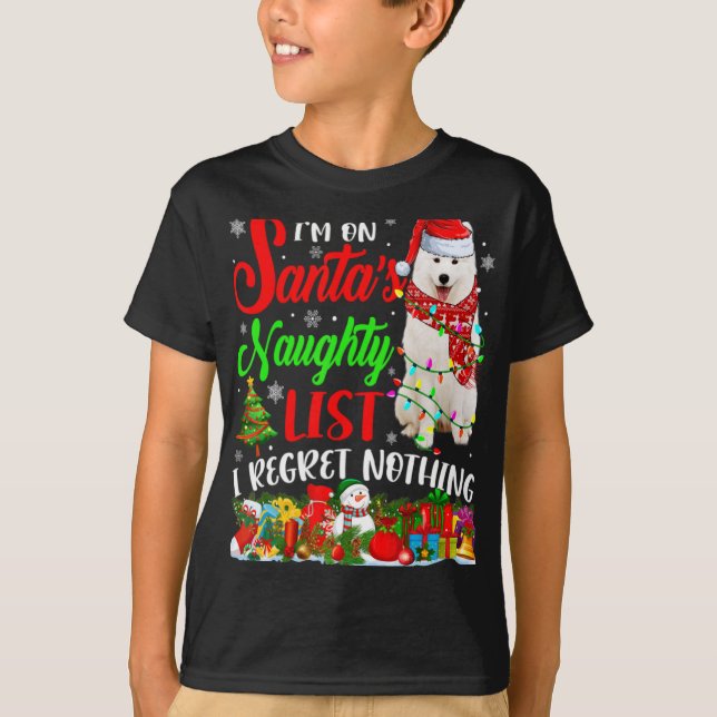 On Santas Naughty List Xmas American Eskimo  T Shirt (Framsida)