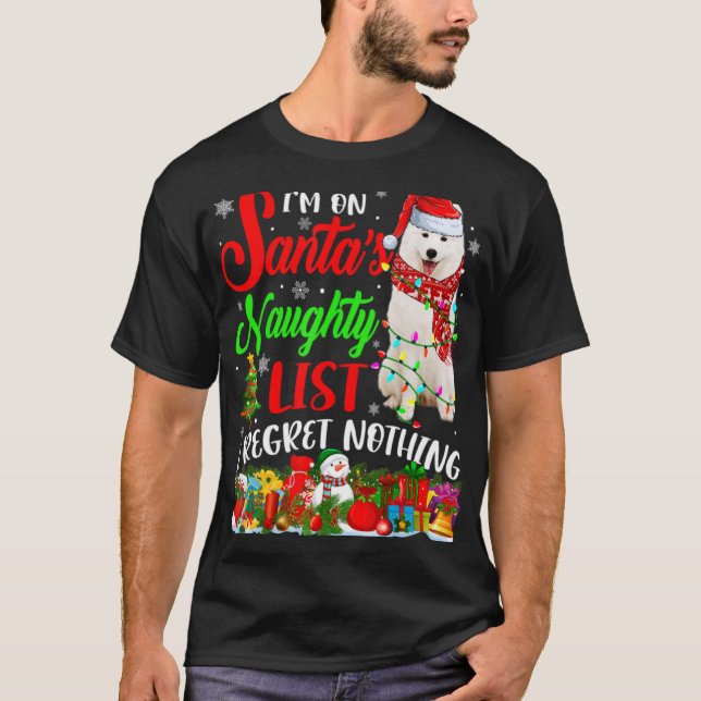 On Santas Naughty List Xmas American Eskimo  T Shirt (Framsida)