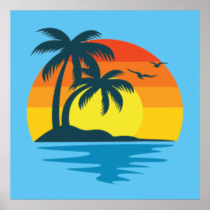 Ön Sunset Tropical Beach Handflatan Träd Ocean Poster