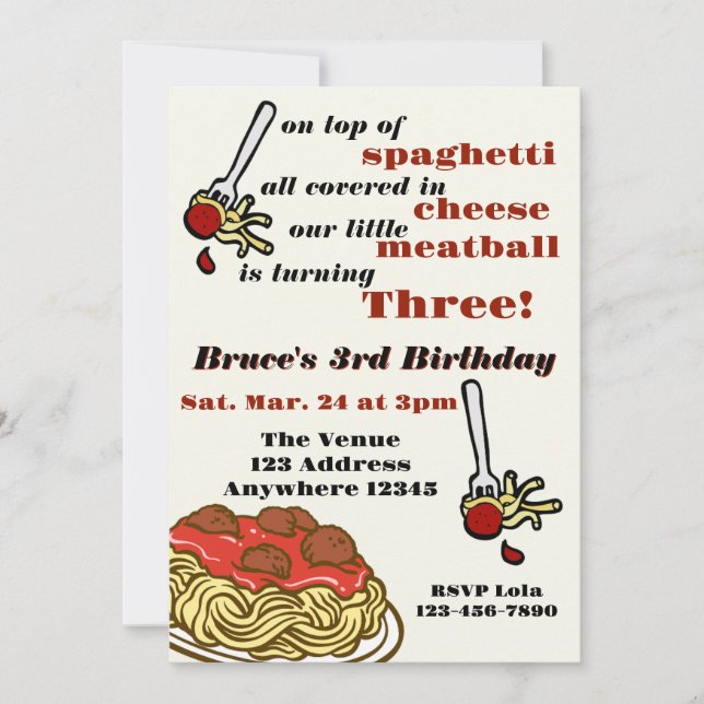On Top of Spaghetti, Meatball Three, 3rd Birthday Inbjudningar (Framsida)