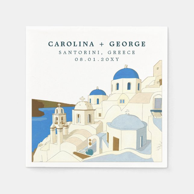 ön Watercolor Santorini Grekland Pappersservett (Framsidan)