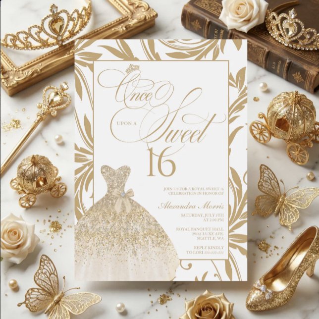 Once Upon a Sweet 16 Gold Princess Birthday Inbjudningar (Princess Sweet 16 Invitation | Once Upon a Sweet 16 | Gold Sweet 16)