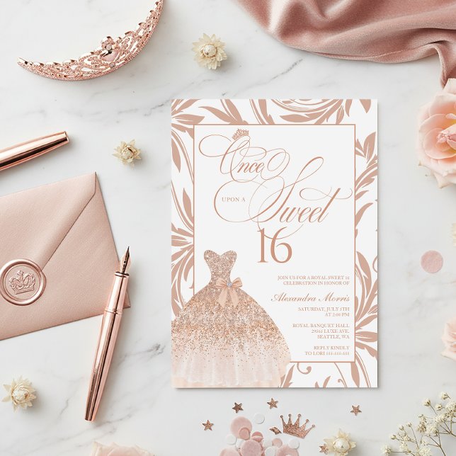 Once Upon a Sweet 16 Rose Gold Princess Birthday Inbjudningar (Princess Sweet 16 Invitation | Once Upon a Sweet 16 | Rose Gold Sweet 16)