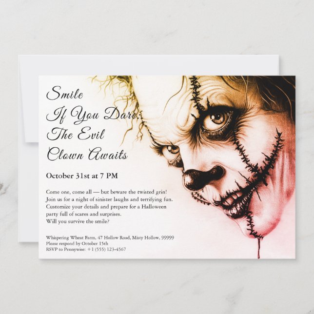 Ond Clown Halloween-inbjudan – Elak grin  Inbjudningar (Framsida)