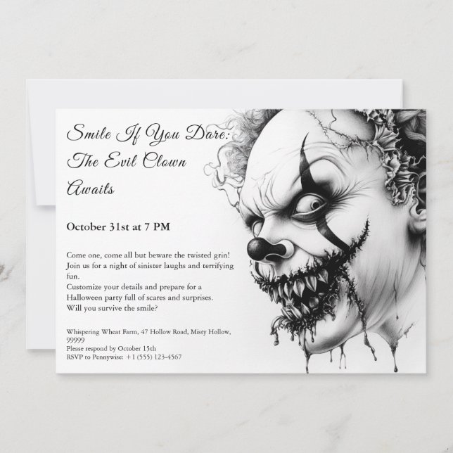 Ond Clown Halloween-inbjudan – Elak grin  Inbjudningar (Framsida)
