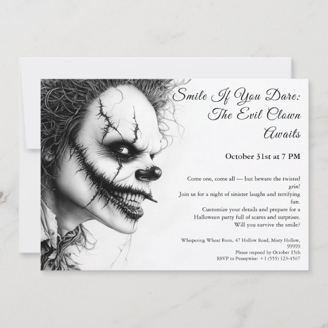 Ond Clown Halloween-inbjudan – Elak grin  Inbjudningar (Framsida)
