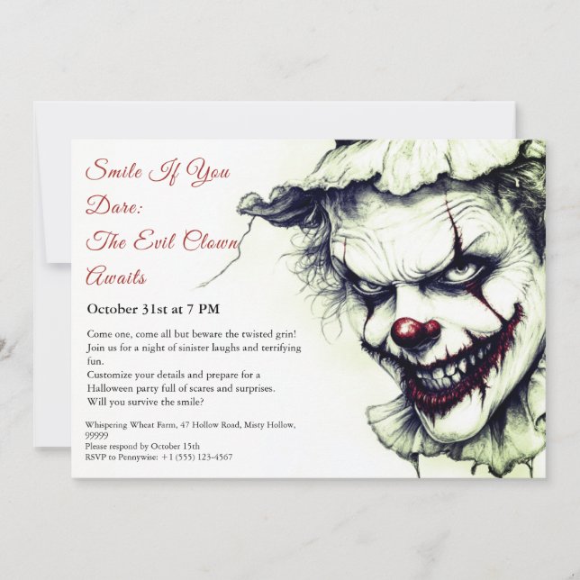 Ond Clown Halloween-inbjudan – Elak grin  Inbjudningar (Framsida)