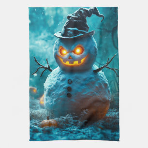 Ond Halloween Snöman med Lysande Ögon Kökshandduk