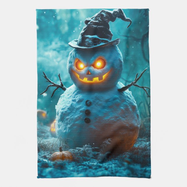 Ond Halloween Snöman med Lysande Ögon Kökshandduk (Vertikal)