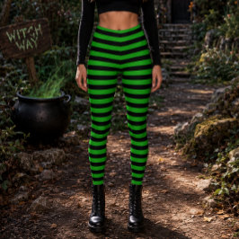 Ond Häxa Grön och Svart Randig Halloween Leggings