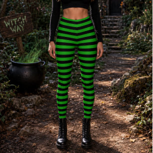 Ond Häxa Grön och Svart Randig Halloween Leggings