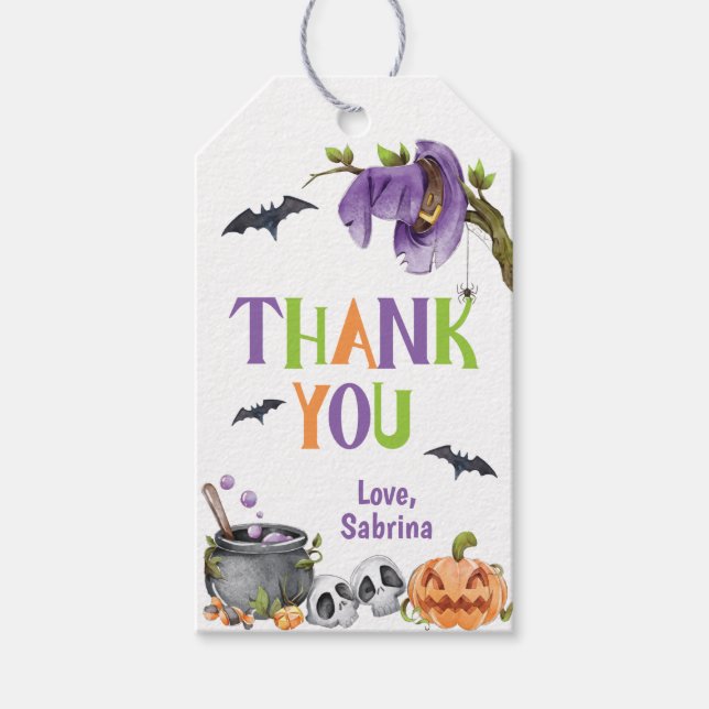 Ond Häxa Katt Halloween Födelsedag Tack Presentetikett (Framsidan)