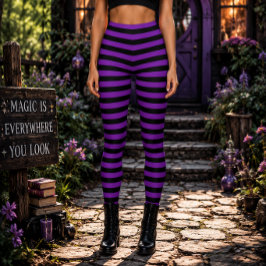 Ond Häxa Lila och Svart Randig Halloween Leggings