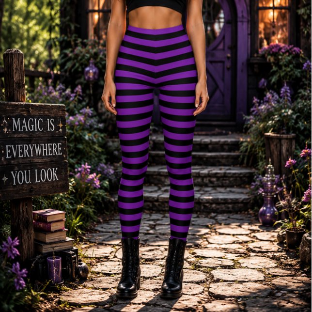Ond Häxa Lila och Svart Randig Halloween Leggings (Skapare uppladdad)