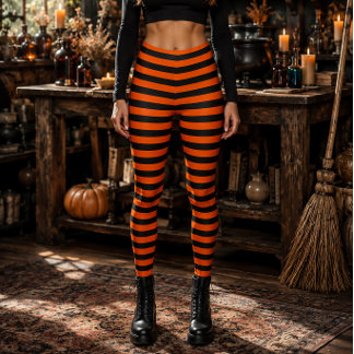 Ond Häxa Orange och Svarta Randiga Halloween Leggings