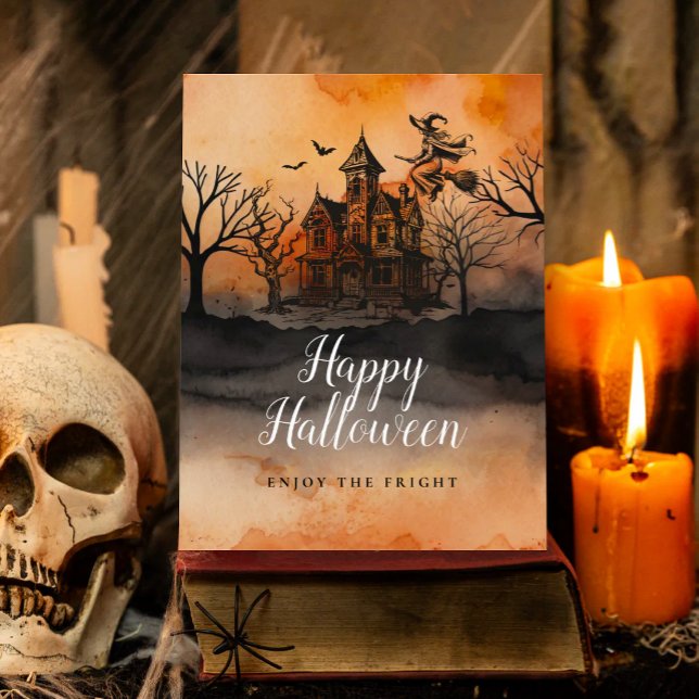 Ond Häxa Orange Svart Spökhus Halloween Vykort (Skapare uppladdad)
