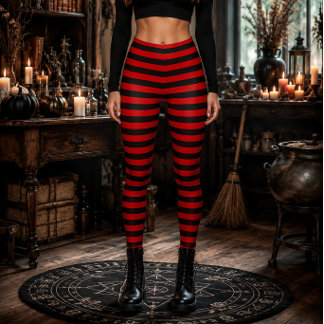 Ond Häxa Röd och Svart Randig Halloween Leggings