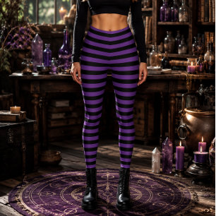 Ond Häxa Violett och Svarta Randiga Halloween Leggings