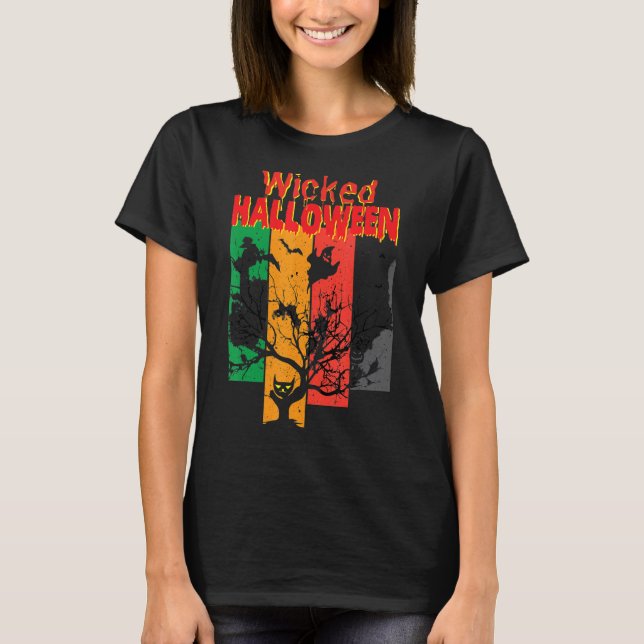 Ond Katt Häxa Måne   Bokstavstryck Halloween T Shirt (Framsida)