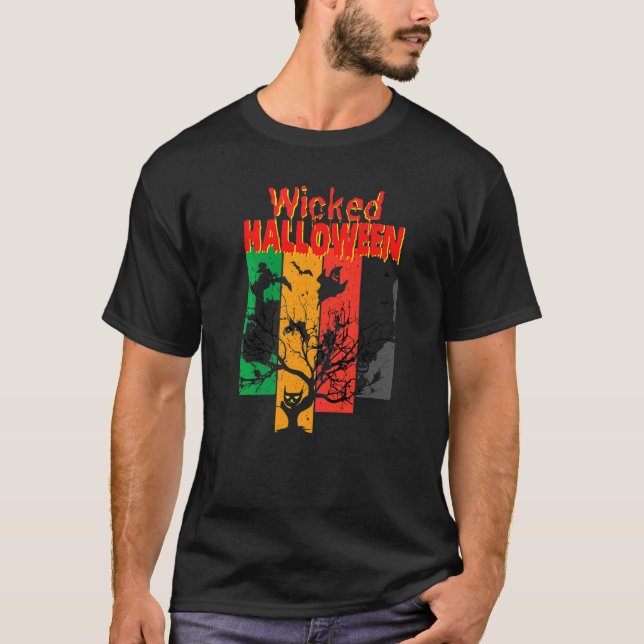 Ond Katt Häxa Måne   Bokstavstryck Halloween T Shirt (Framsida)