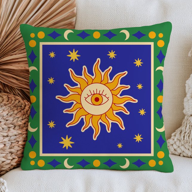 Ond Öga Sol Grön & Blå Funky Celestial Folk Art Kudde (Skapare uppladdad)