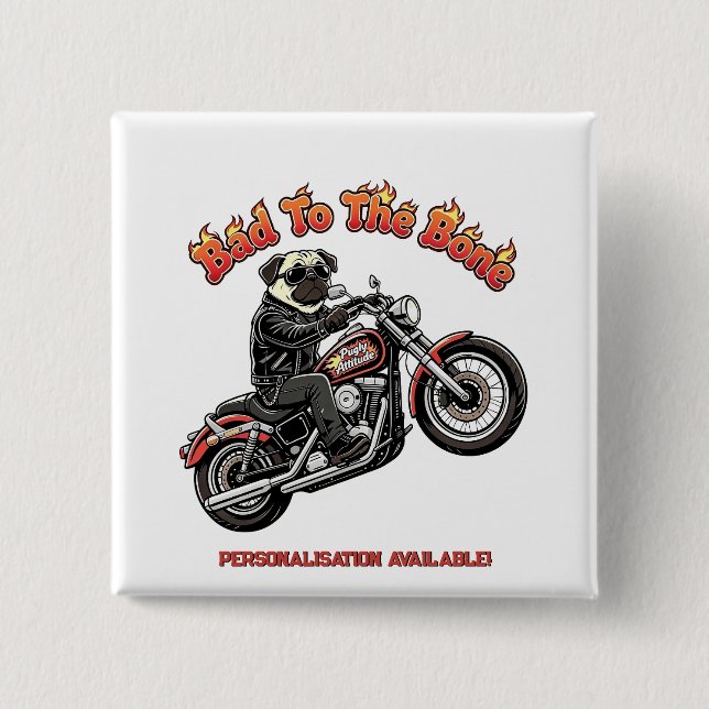 Ond till Bones "Pugly Attitude" Pug Biker Knapp (Framsida)