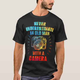 Onda aldrig en gammal man med en kamera foto t shirt
