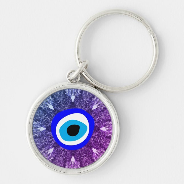 Onda Öga Talisman & Arabiska Amulet /Turkish, grek Rund Silverfärgad Nyckelring (Framsidan)