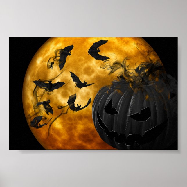 Ondpumkin ansikte och fladdermus vid fullt hallowe poster (Framsidan)