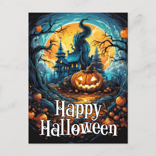 Ondskefull Lysande Glad Halloween Pumpa Vykort (Framsida)