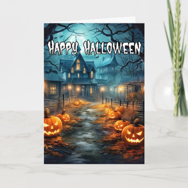 Ondskefulla pumpor spökhus Glad Halloween Kort (Framsida)