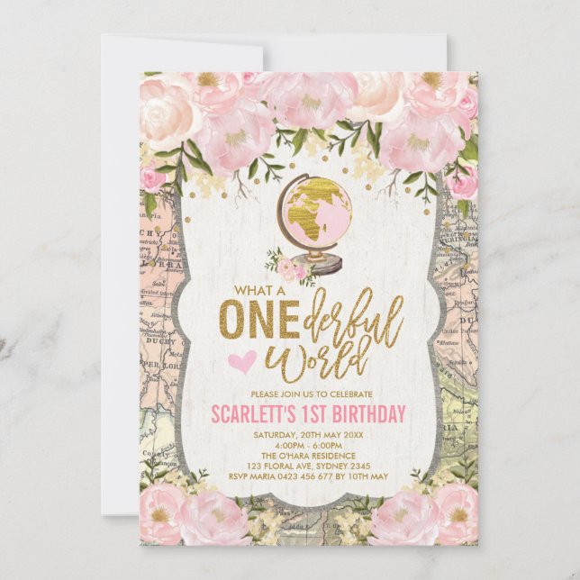ONE00 World Äventyr Karta Girls 1:a födelsedag Inbjudningar (Framsida)