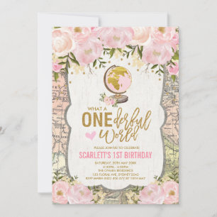 ONE00 World Äventyr Karta Girls 1:a födelsedag Inbjudningar