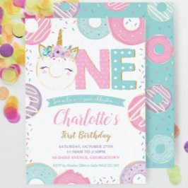ONE 1st Birday Unicorn Donuts Doughnut Pastel Inbjudningar