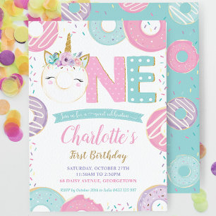 ONE 1st Birday Unicorn Donuts Doughnut Pastel Inbjudningar