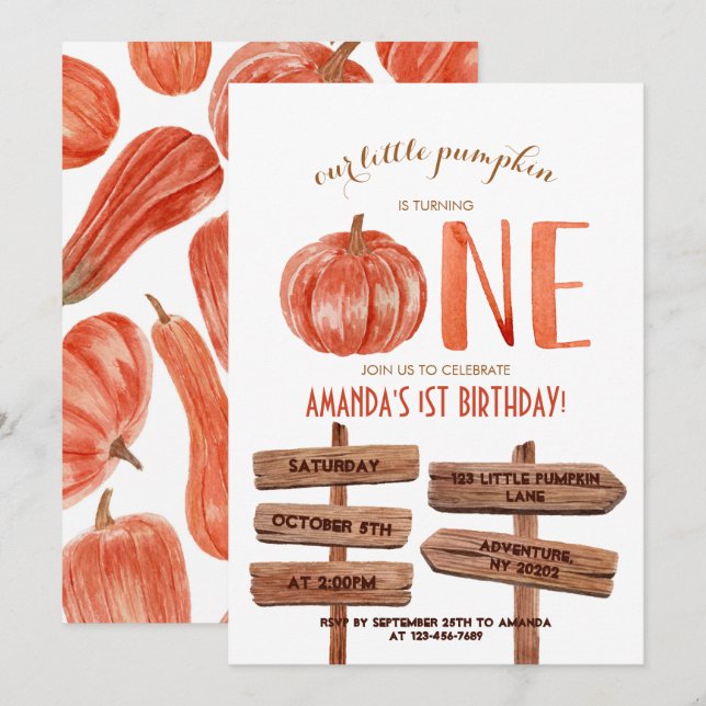 "One" 1st Birthday Watercolor Pumpkin Inbjudningar (Fram/baksida)