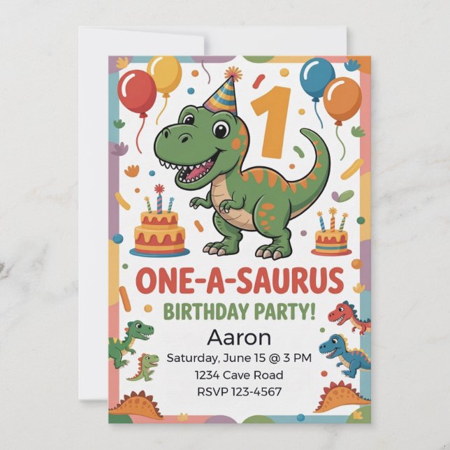 One-A-Saurus 1-årsdag | Grön dinosaurie Inbjudningar (Framsida)