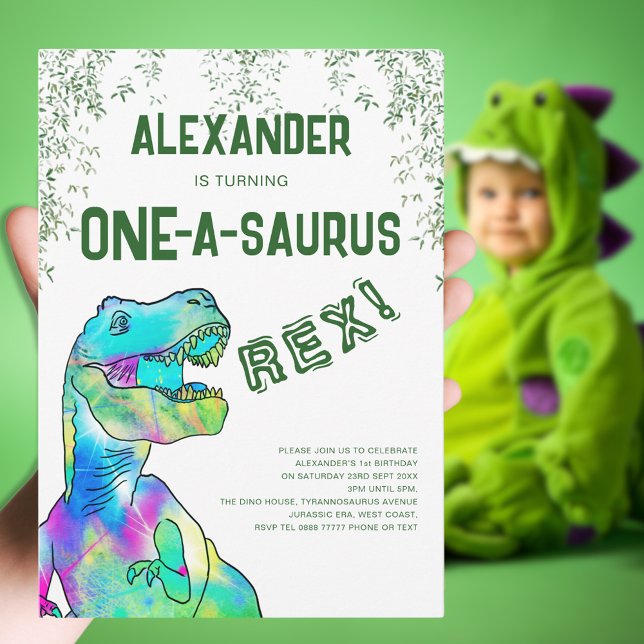 One-A-Saurus Dinosaur 1:a födelsedagen Party Inbjudningar (One-a-saurus Rex dinosaur 1st birthday party green invitation colorful T-Rex dino Jurassic jungle)