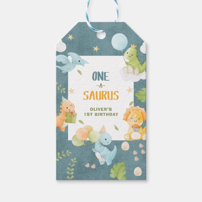 One-A-Saurus Dinosaur 1-års födelsedagsfest Presentetikett (Framsidan)