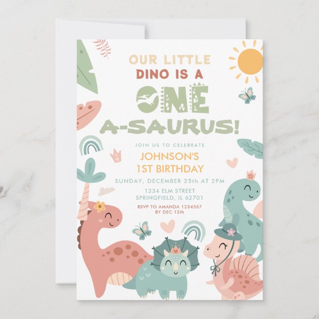 One A saurus Dinosaur Barn 1:a födelsedagen Party Inbjudningar (Framsida)