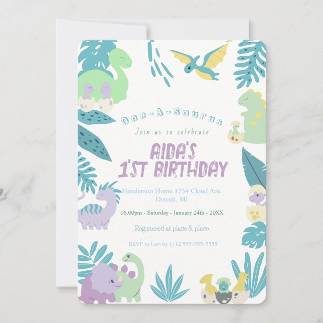 One-A-Saurus Dinosaur Birthday Inbjudningar (Framsida)